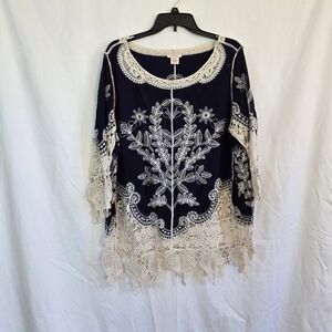 Pinky‎ Women's Navy Ivory Embroidered Crochet Lace Boho Summer 3/4 Sleeve Top 1X